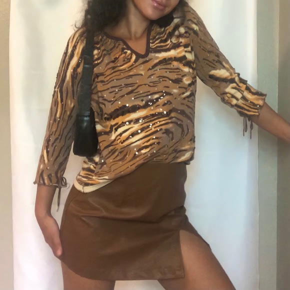 Vintage Joseph A. Knit Sequined Tiger Print Quarter Sleeve Blouse - Picture 3 of 6